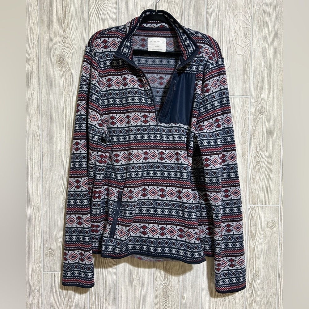 American Eagle Men’s Quarter Zip Sweater Fleece Blue Red Gray 2XL - Picture 12 of 12